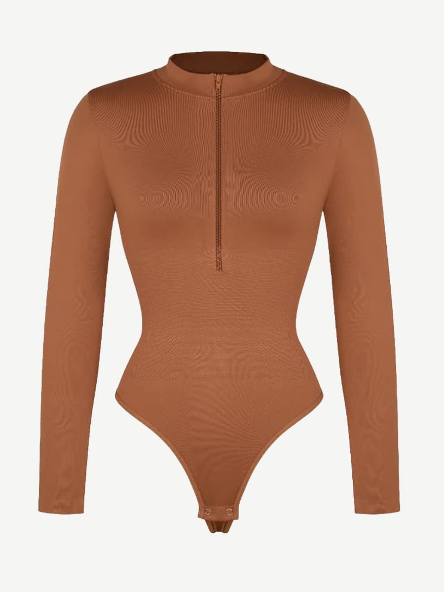 Long Sleeve Waist Shaping Zipper Collar Bodysuit - Auxieswear