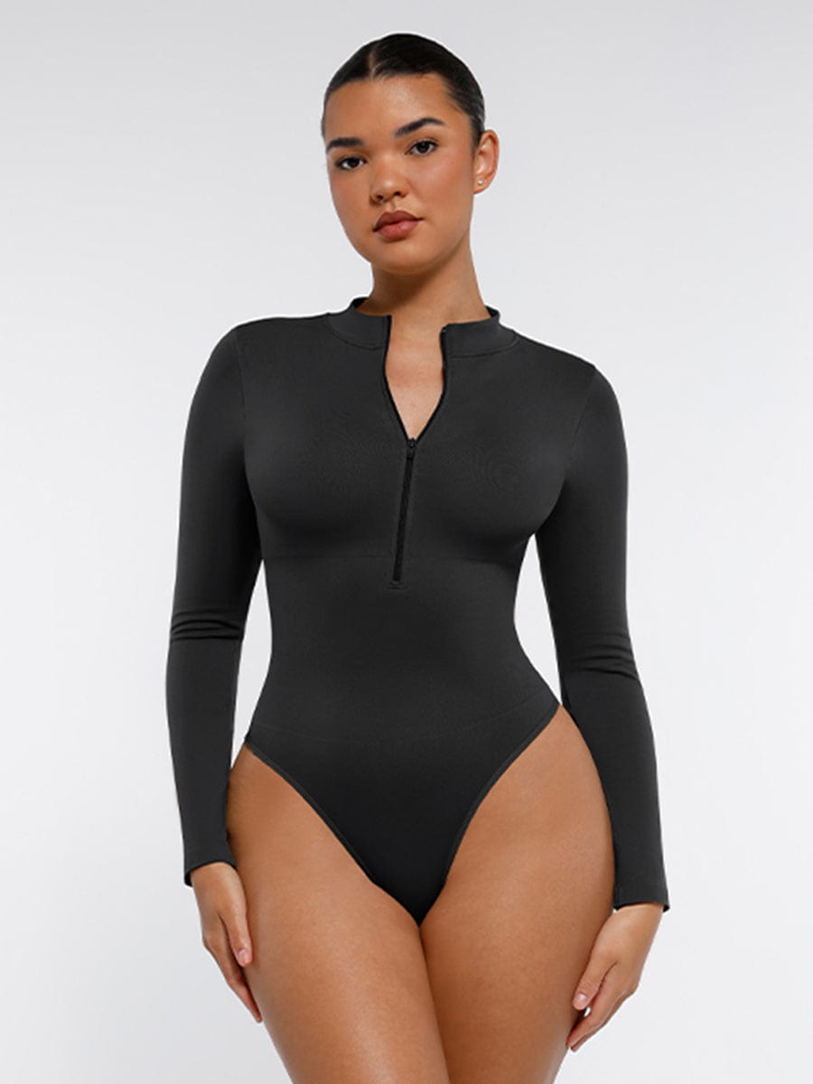 Long Sleeve Waist Shaping Zipper Collar Bodysuit - Auxieswear