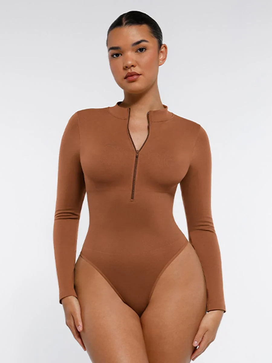 Long Sleeve Waist Shaping Zipper Collar Bodysuit - Auxieswear