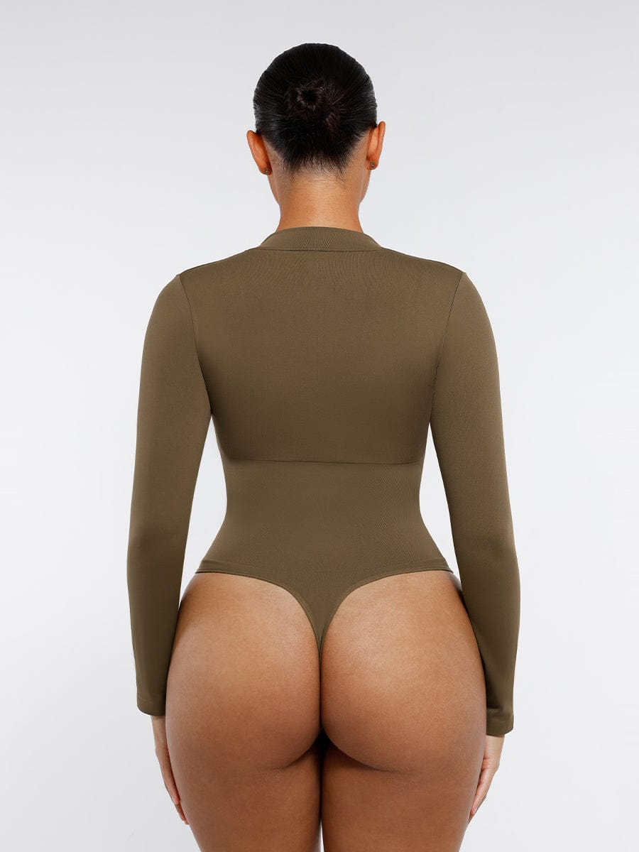 Long Sleeve Waist Shaping Zipper Collar Bodysuit - Auxieswear