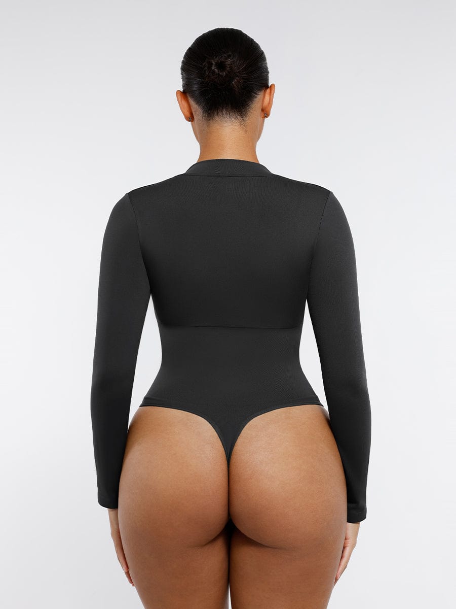 Long Sleeve Waist Shaping Zipper Collar Bodysuit - Auxieswear
