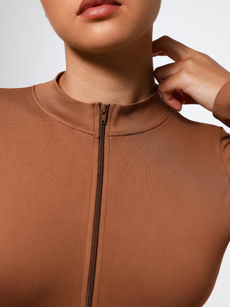 Long Sleeve Waist Shaping Zipper Collar Bodysuit