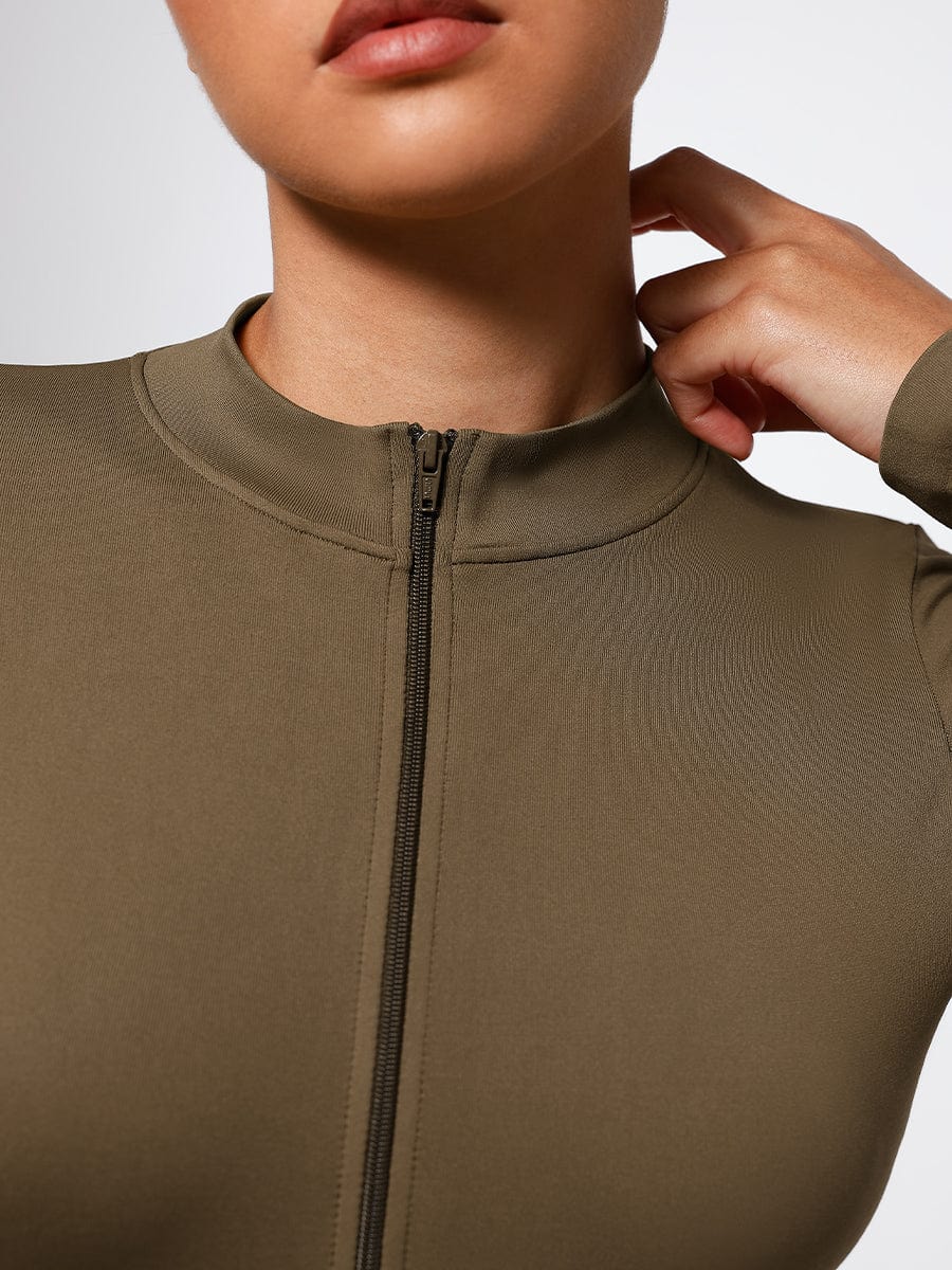 Long Sleeve Waist Shaping Zipper Collar Bodysuit