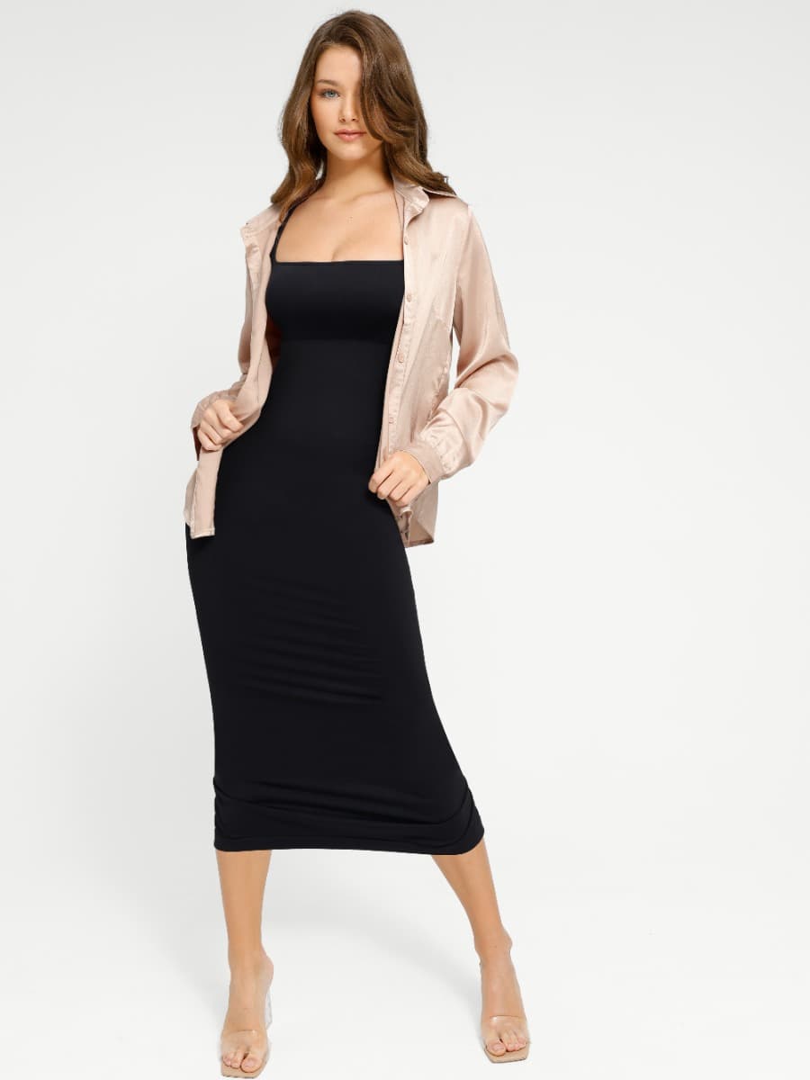 Waist Control Long Shaping Dress With Spaghetti Straps - Auxieswear