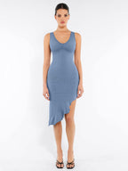 Sleeveless Midi Dress with Asymmetrical Ruffle Hem