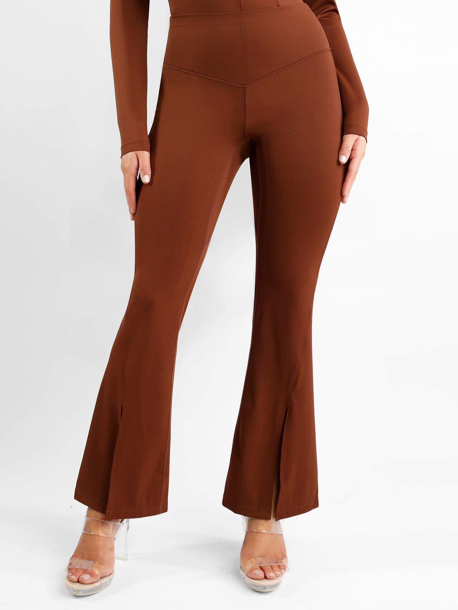 High-Rise Tummy Control Flare Pants with Split Hem - Auxieswear