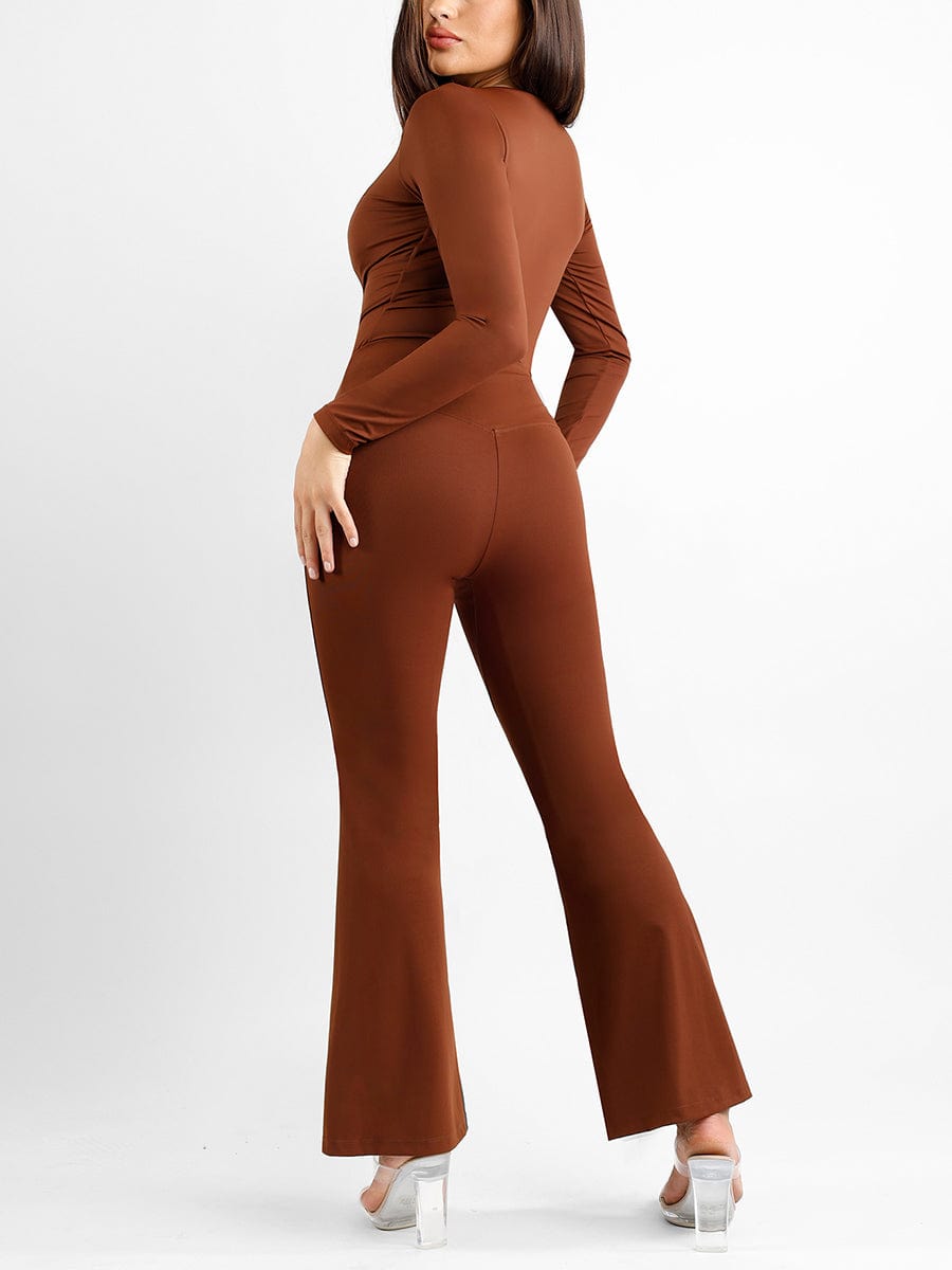 High-Rise Tummy Control Flare Pants with Split Hem - Auxieswear