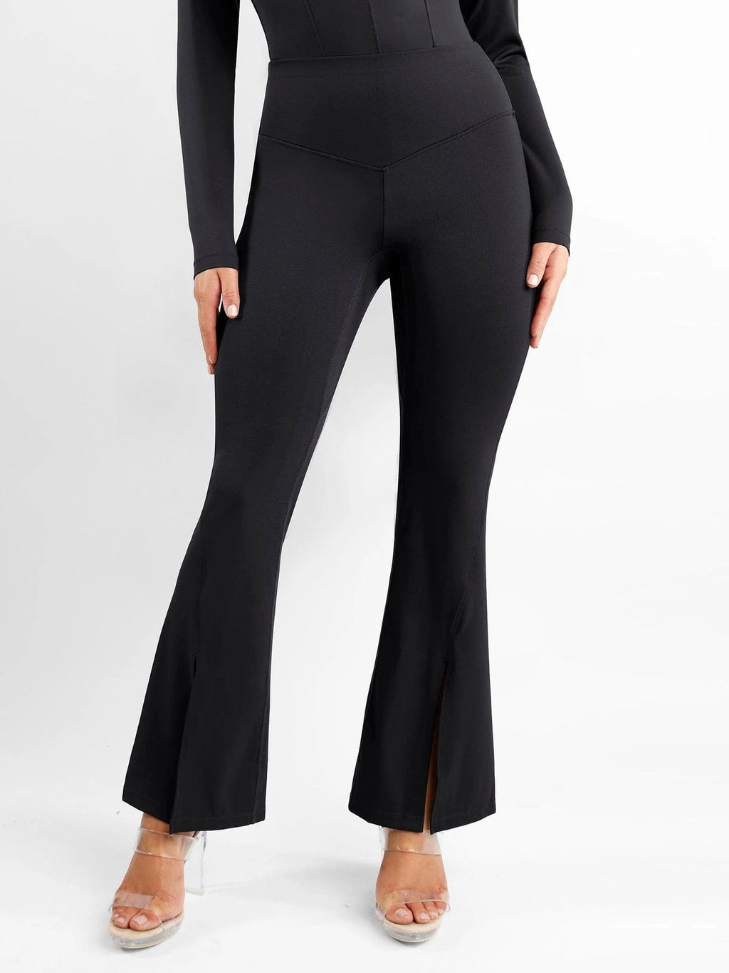 High-Rise Tummy Control Flare Pants with Split Hem - Auxieswear