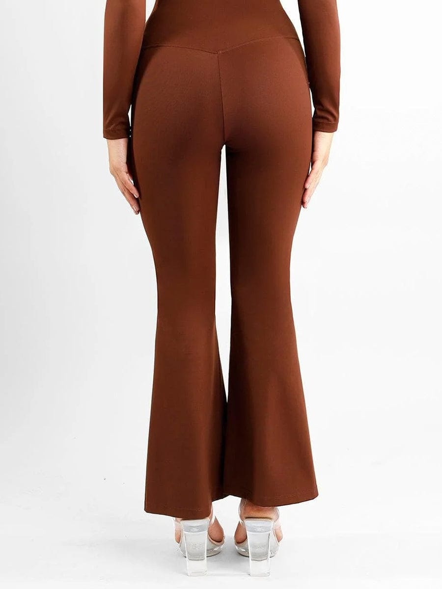 High-Rise Tummy Control Flare Pants with Split Hem - Auxieswear