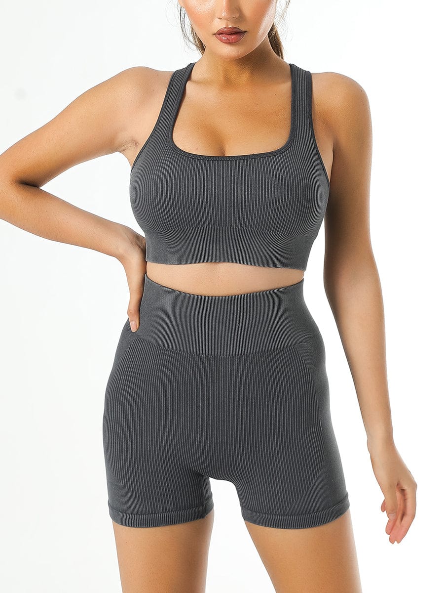 Washed Denim-Style High-Stretch Gym Shorts