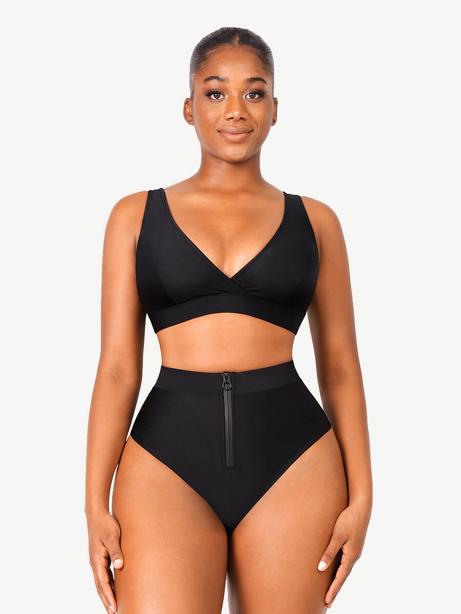 High-Waist Slimming Bikini Bottom with Waterproof Zip Line