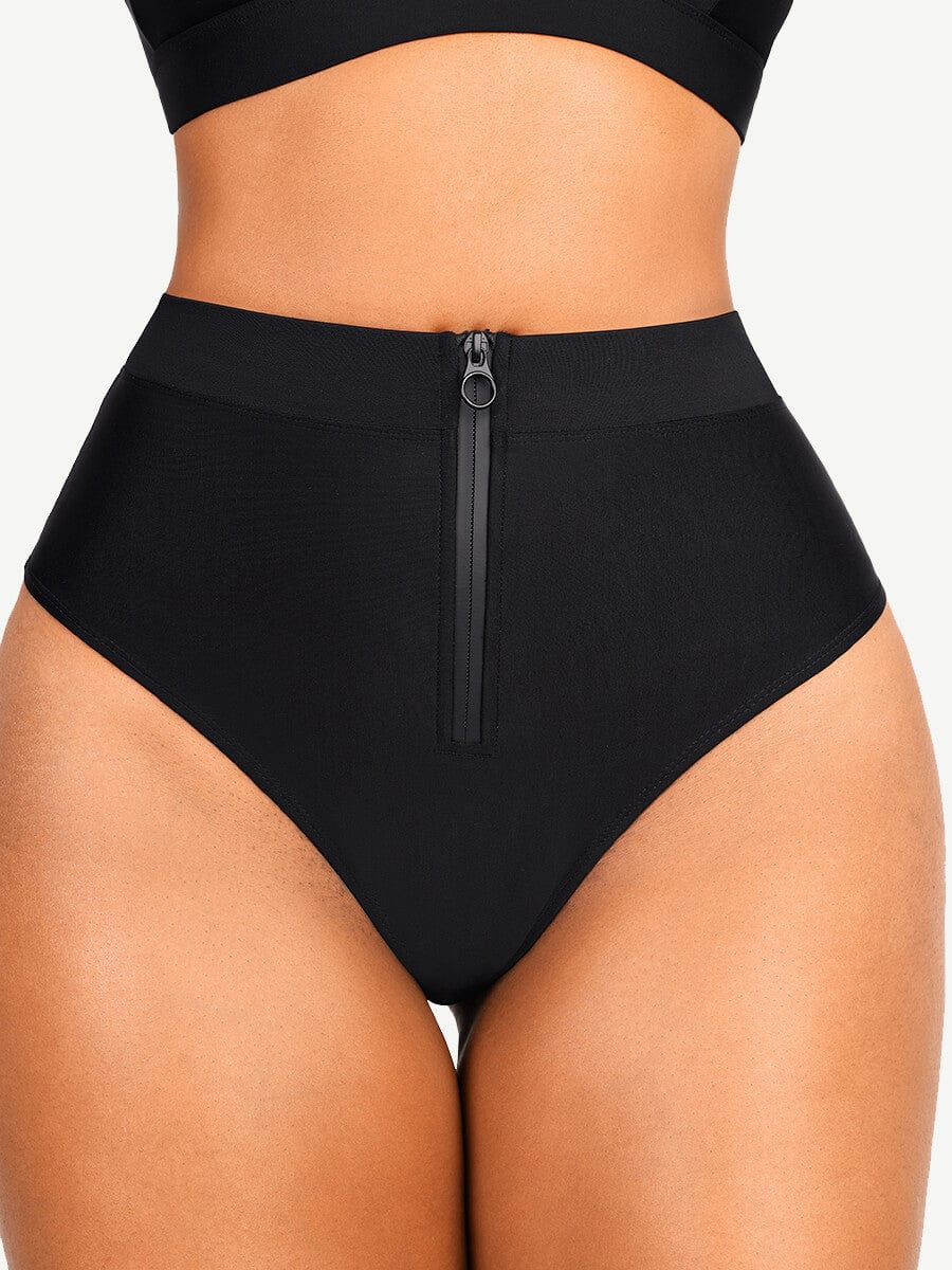 High-Waist Slimming Bikini Bottom with Waterproof Zip Line