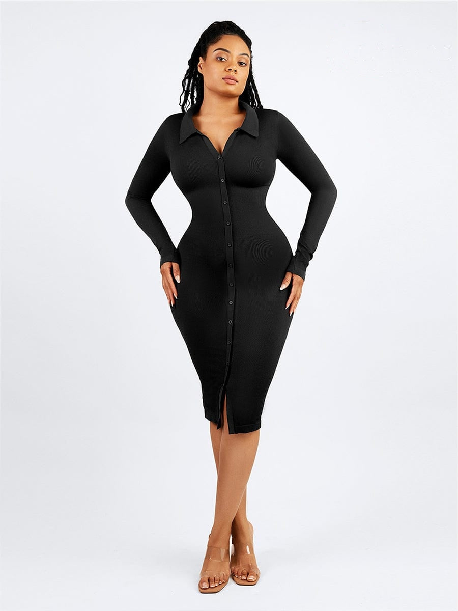 Retro Shirt Style Waist Shaping Casual Midi Dress