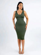 Deep V-Neck Waist Trimming Dress with Removable Pads