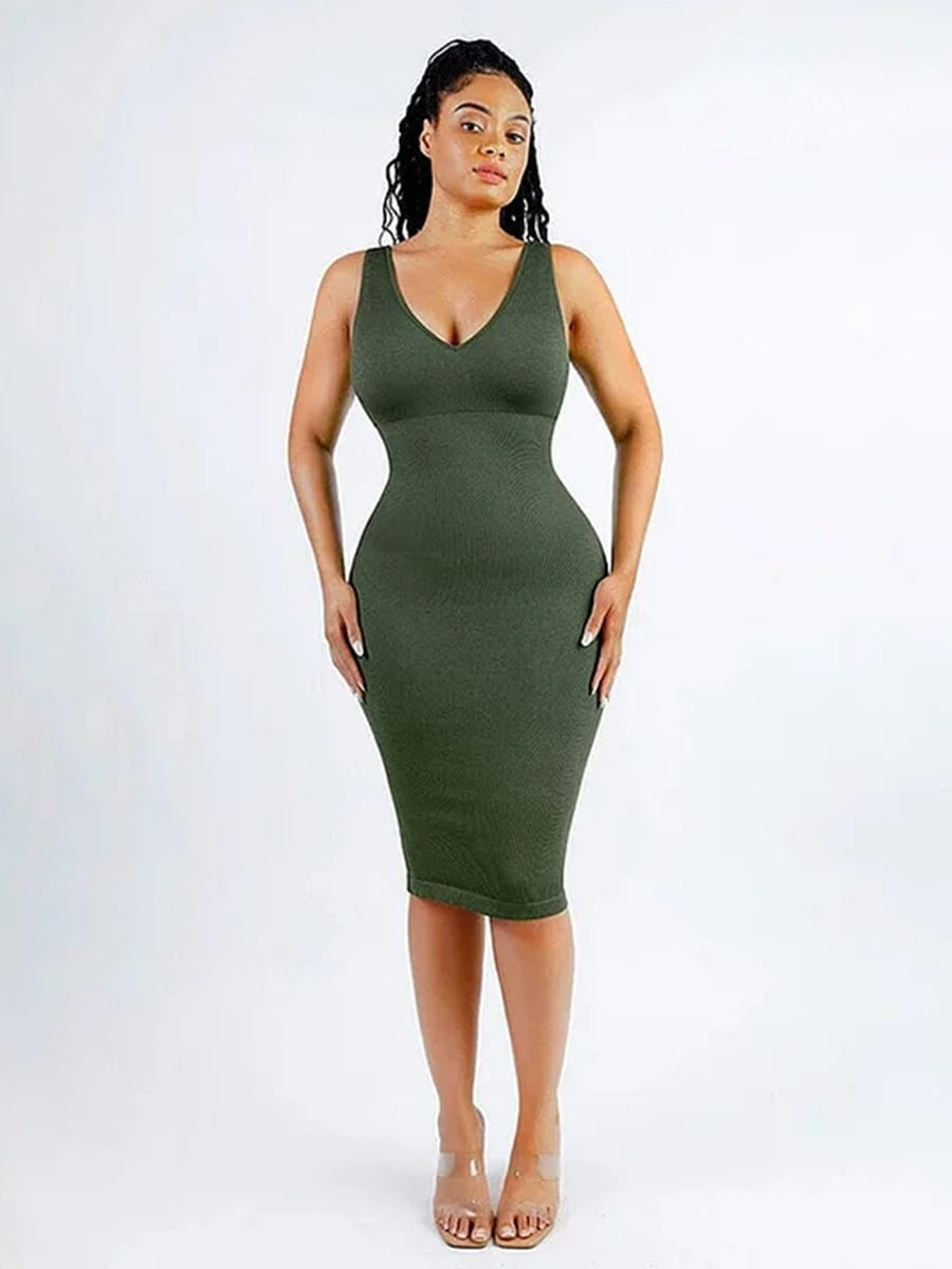 Deep V-Neck Waist Trimming Dress with Removable Pads
